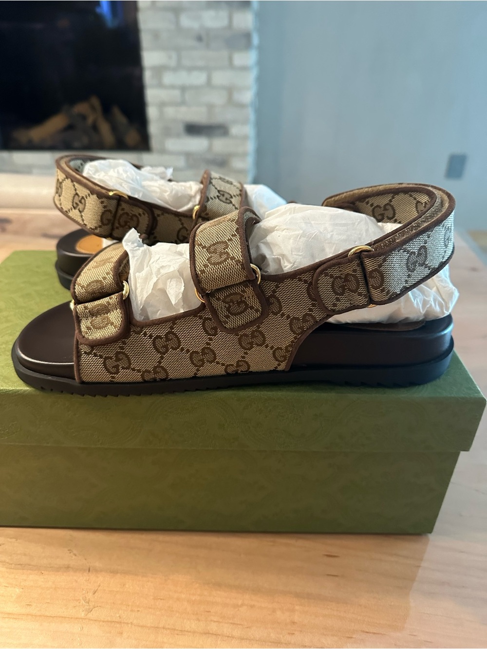 Gucci Brown Beige GG Canvas Double-Strap Logo Sandals EU 10 - Picture 6 of 11